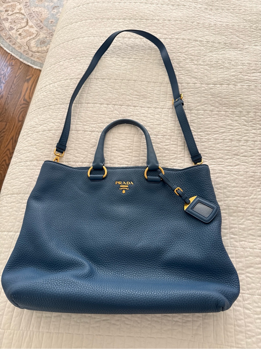 Prada Deep Blue Pebbled Leather Tote With Gold Hardware